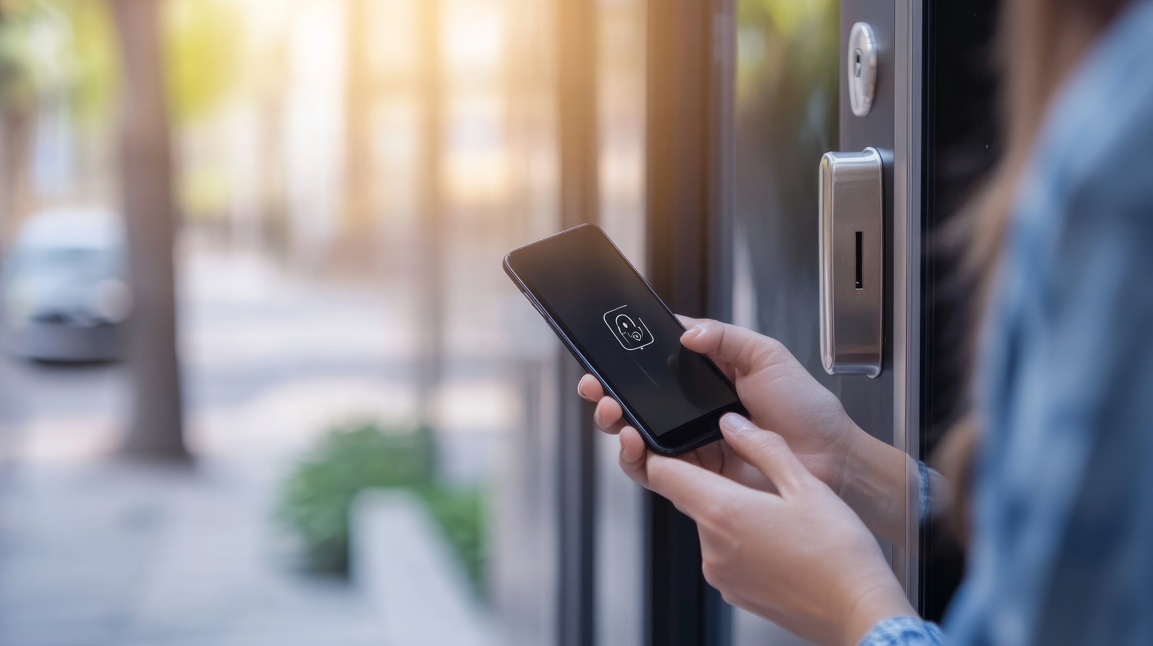A person uses a smartphone to unlock a door with a smart lock, holding the phone near the lock for access